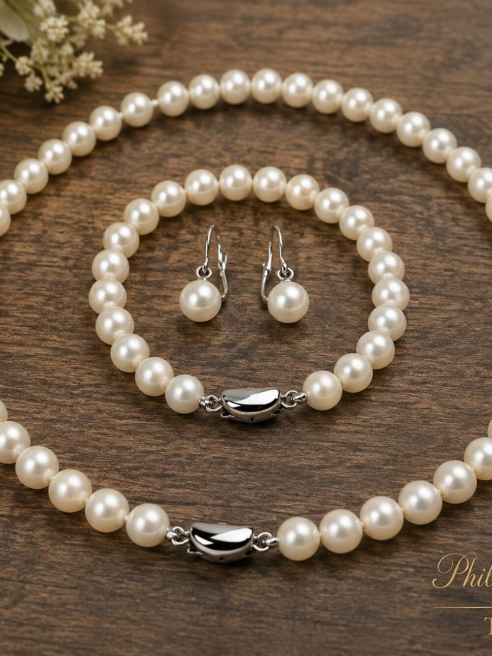 Pearl-31--White Freshwater Pearl 3-Piece Set 6–7mm Necklace Bracelet Earrings
